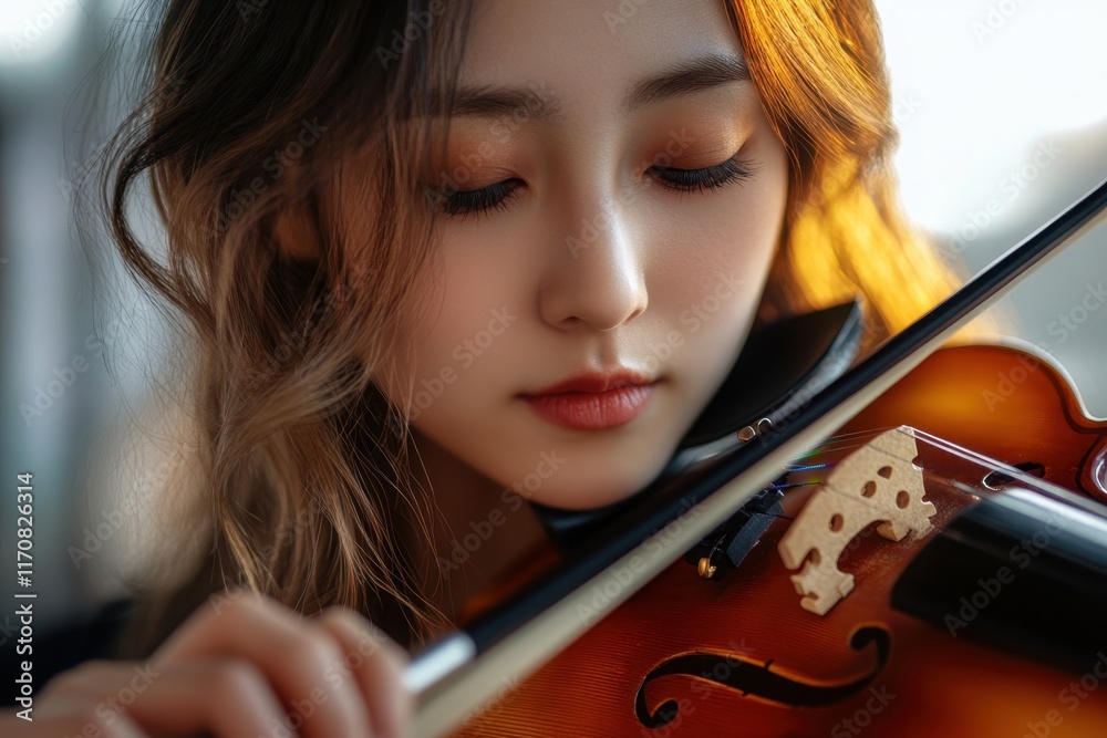 Musician plays violin with focus and emotion during a sunset session indoors Musician plays violin with focus and emotion during a sunset session indoors
