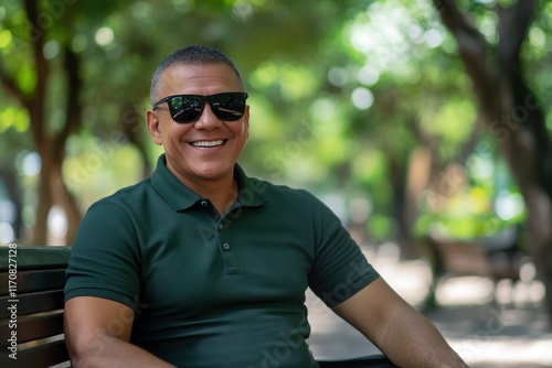Happy Man in Sunglasses Smiling in a Sunny Park Setting