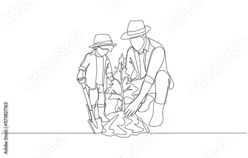 Wallpaper Mural Continuous one line drawing of father and son planting tree together, learning to garden, planting tree to save the world concept, single line art Torontodigital.ca
