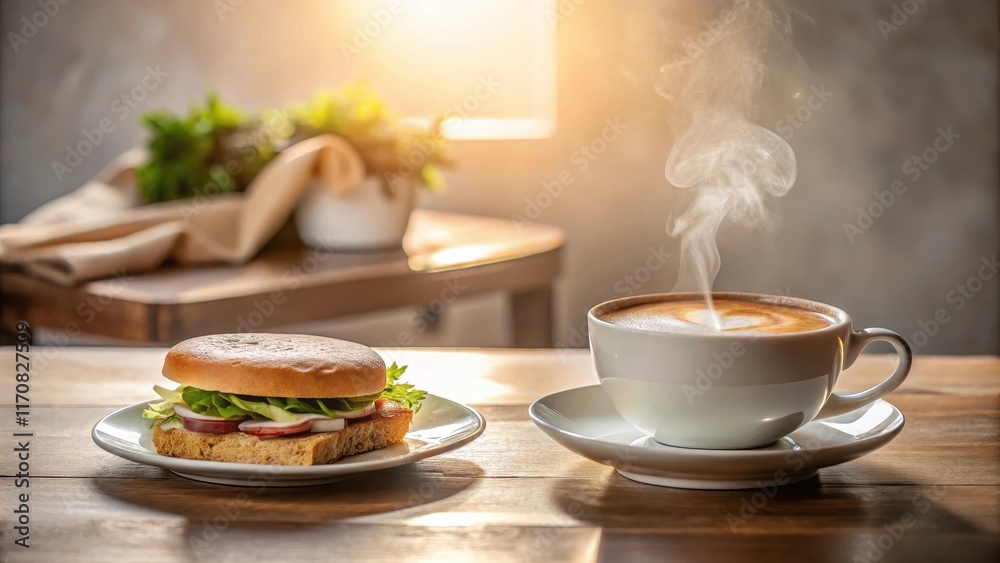 Warm morning light illuminates a delicious sandwich and a steaming cup of coffee on a wooden table Warm morning light illuminates a delicious sandwich and a steaming cup of coffee on a wooden table