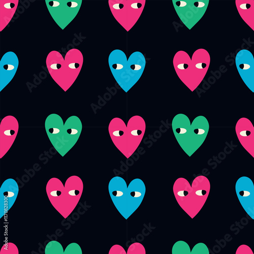 Valentine's day seamless pattern. Colored hearts with eyes on a black background. Modern vector illustration for your design