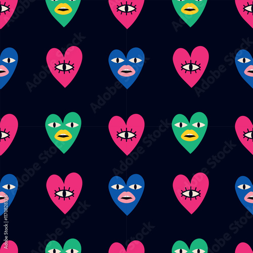 Valentine's day seamless pattern. Colored hearts with eyes and lips on a black background. Modern vector illustration for holiday design