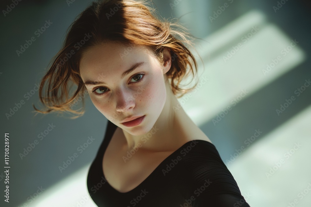 Fototapeta premium Young dancer poses gracefully in soft natural light indoors