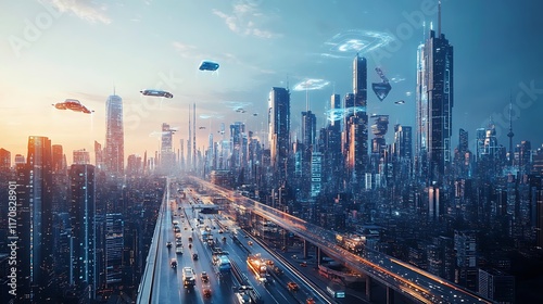 Wallpaper Mural Flying cars transform urban skyline futuristic city digital art Torontodigital.ca