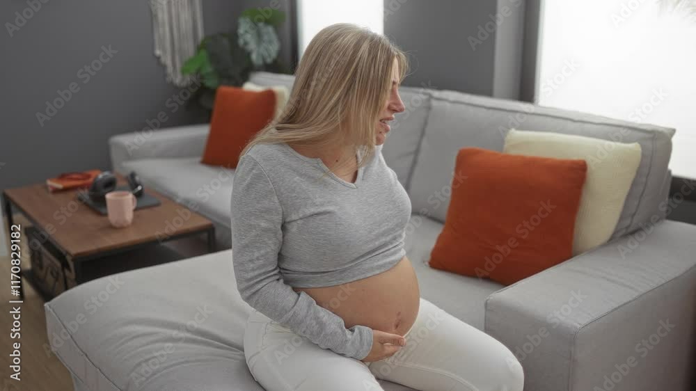 Pregnant woman sitting on a comfortable couch in a cozy living room, belly exposed, showing expressions of anticipation, surrounded by warm decor and natural light. Pregnant woman sitting on a comfortable couch in a cozy living room, belly exposed, showing expressions of anticipation, surrounded by warm decor and natural light.