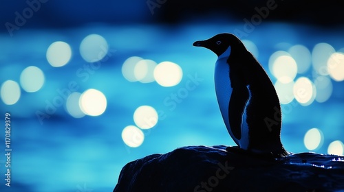 A close-up of a penguina??s silhouette against the glow of icy cliffs. photo