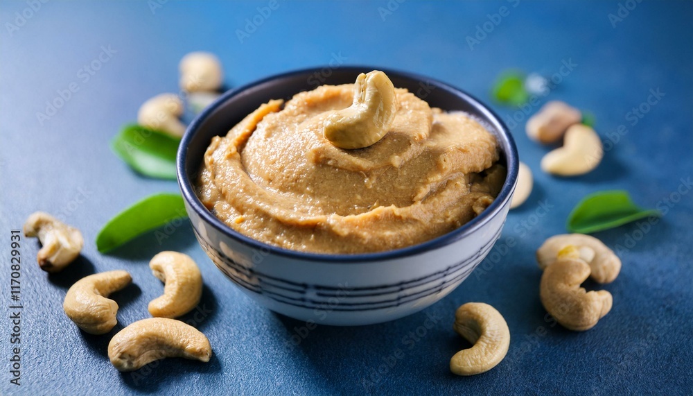Fresh healthy cashew nut paste in bowl on blue background Fresh healthy cashew nut paste in bowl on blue background