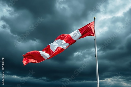 A red flag with a white emblem waving on a flagpole against a dramatic cloudy sky. Symbol of unity and strength in challenging times. Ai generative photo