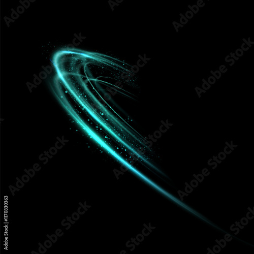 Shiny bright green glowing curved line with magical light effect of magical glitter dust and sparkle particles. Glow effect for game interface design.	
