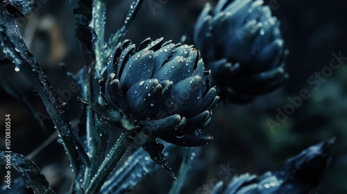 Dark Artistic Close-Up of Dewy Artichoke Buds with Moisty Texture photo