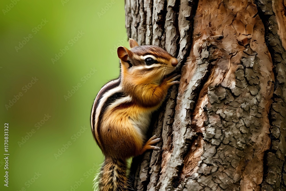 A Vibrant Chipmunk Clings to a Textured Tree Trunk, Surrounded by Lush Greenery in a Serene Natural Setting A Vibrant Chipmunk Clings to a Textured Tree Trunk, Surrounded by Lush Greenery in a Serene Natural Setting
