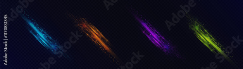 Set of abstract vertical light effects of bright chaotic lines (gold, purple, blue, green) of light of flickering particles. Bright explosion of light of flickering rays on transparent background.
