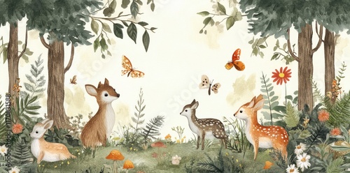 Fototapeta Naklejka Na Ścianę i Meble -  Watercolor Painting of Fawn Deer in a Forest Setting