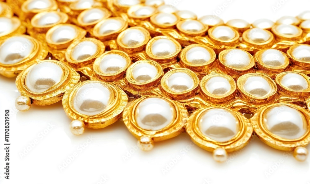 Gold pearl necklace closeup, studio, white background, jewelry advertising Gold pearl necklace closeup, studio, white background, jewelry advertising