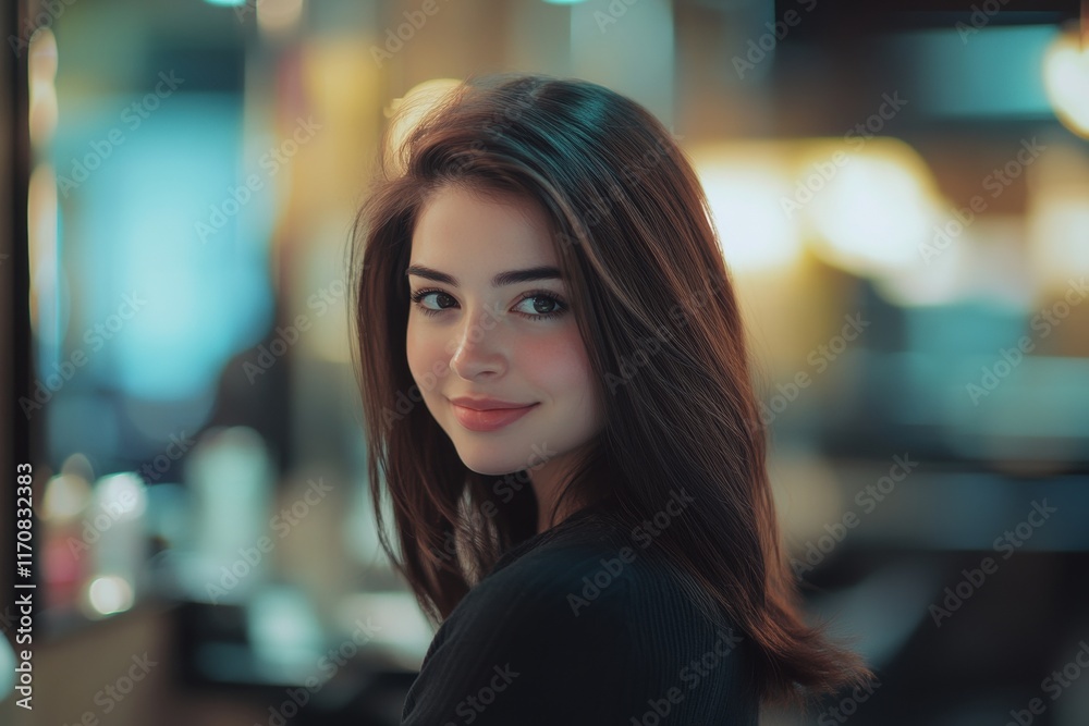 Beautiful young woman with long hair looking back at the camera Beautiful young woman with long hair looking back at the camera