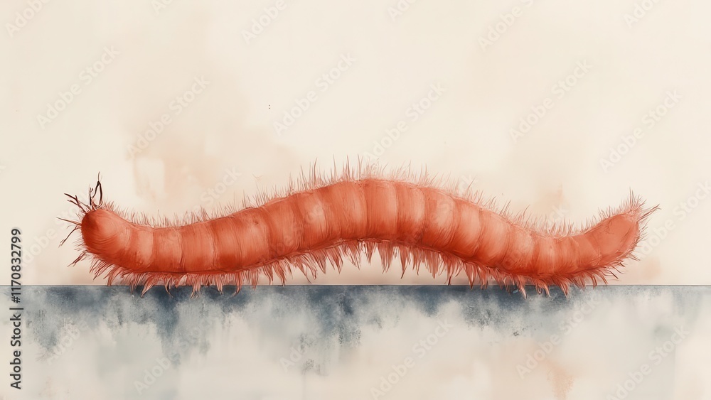 Red millipede crawling on surface, watercolor art, beige background, nature illustration. Red millipede crawling on surface, watercolor art, beige background, nature illustration.