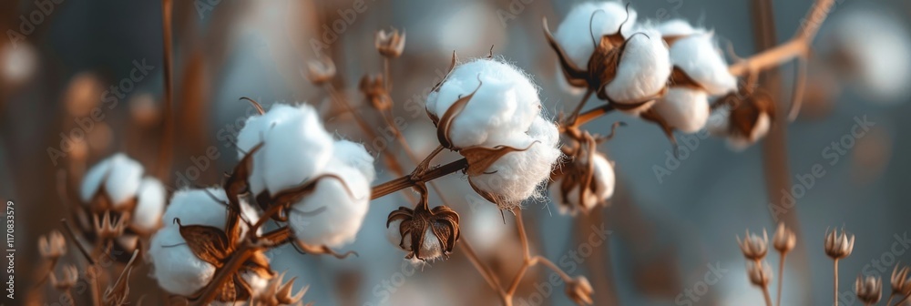 Cotton plants with fluffy bolls blooming in a sunlit field during a serene autumn afternoon