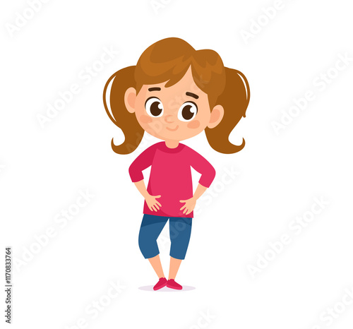 A smiling little girl character standing with her hands on her hips. Cute and friendly vector cartoon girl character with brown hair in pigtails isolated on white background. Flat style kid.