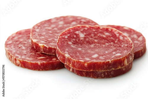Slices of salami creating delicious composition on white background