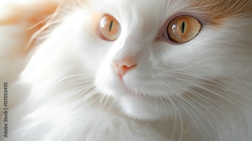 A close-up of a fluffy white cat with striking amber eyes and a gentle expression. A close-up of a fluffy white cat with striking amber eyes and a gentle expression.