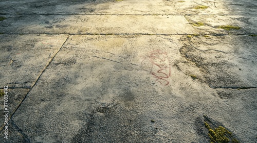 Weathered concrete surface with moss and faint graffiti patterns in sunlight photo