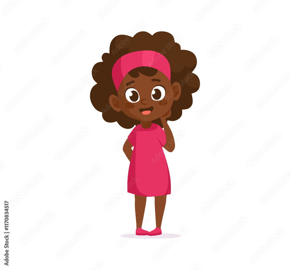 Cute cartoon black girl character in a pink dress vector illustration. Friendly flat style character isolated on white background for children's content, animations, education, sport Cute cartoon black girl character in a pink dress vector illustration. Friendly flat style character isolated on white background for children's content, animations, education, sport