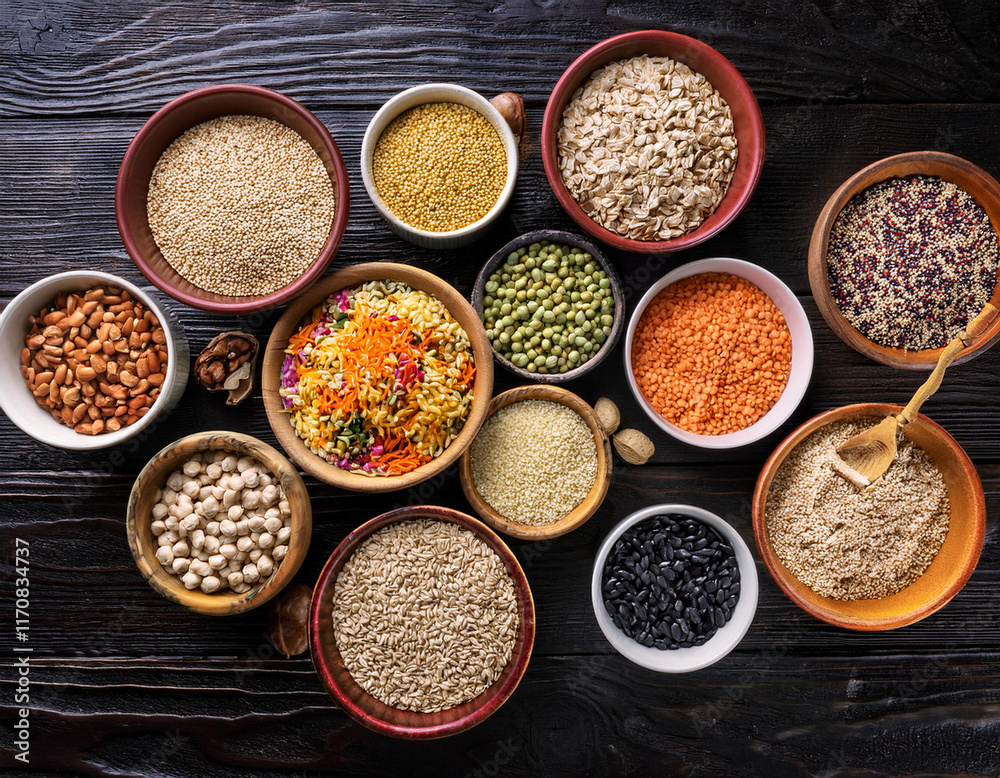 Assortment of various cereals, grains, seeds, groats, Assortment of various cereals, grains, seeds, groats,