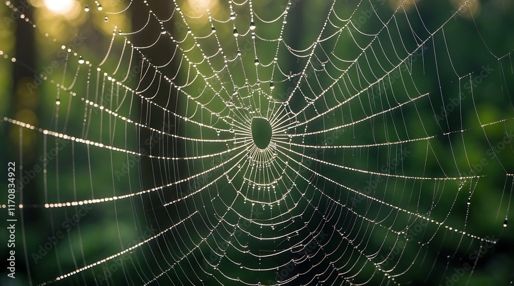 Naklejka premium Dew-Kissed Spiderweb: A Symphony of Nature's Intricacy