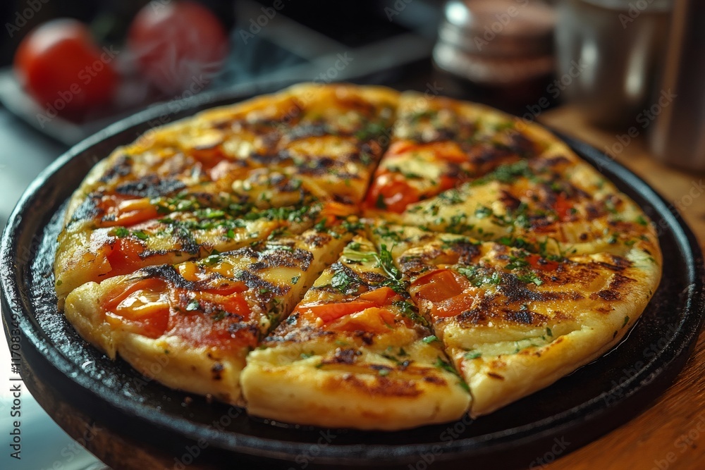 Delicious sliced pizza with tomatoes and herbs steaming on a cast iron pan