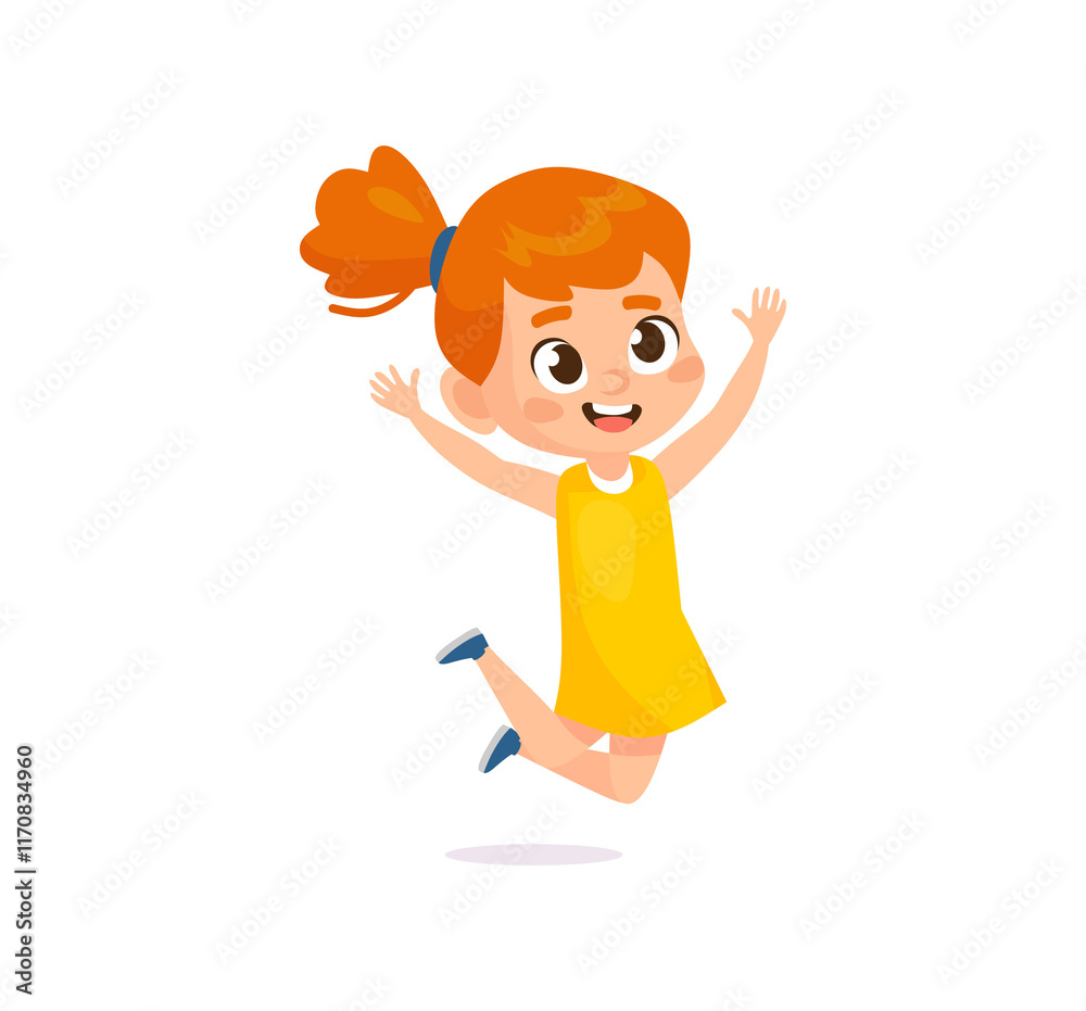 Cute vector illustration. Cheerful little girl jumps and waves with a happy expression. Flat style character isolated on white background