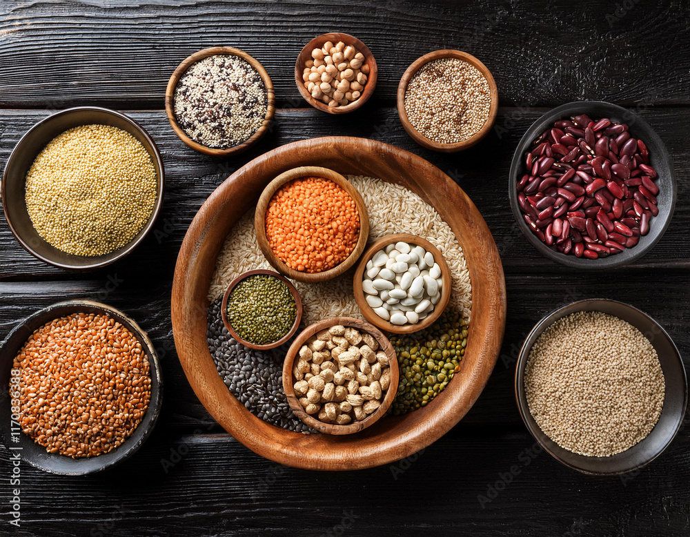 Assortment of various cereals, grains, seeds, groats, Assortment of various cereals, grains, seeds, groats,