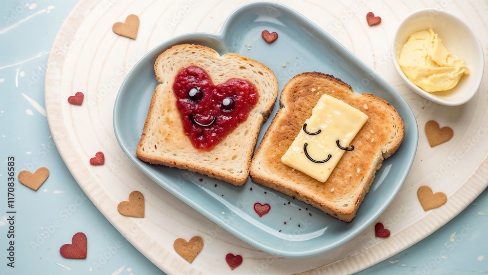 Playful heart-shaped toast with smiley faces, jam and butter, cheerful breakfast, fun food presentation
Playful heart-shaped toast with smiley faces, jam and butter, cheerful breakfast, fun food presentation