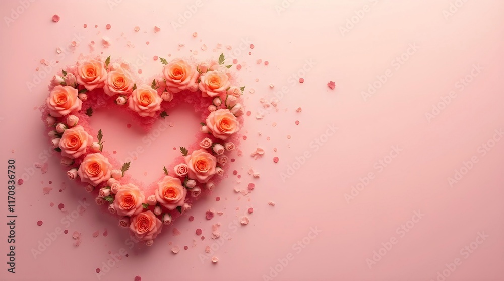 A heart shape formed by delicate peach roses and scattered petals on a soft pink background. Valentine's Day A heart shape formed by delicate peach roses and scattered petals on a soft pink background. Valentine's Day