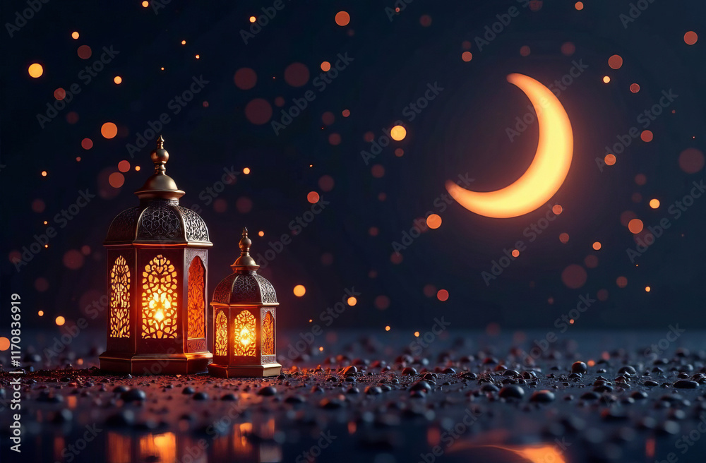 Ramadan background with patterns, flashlight, crescent moon, stars on dark background. Holiday design for the holiday Ramadan background with patterns, flashlight, crescent moon, stars on dark background. Holiday design for the holiday