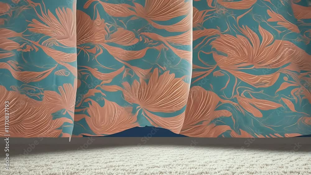Textured coral curtains gently sway paired plush carpet flooring forming stylish tropical interior animation UHD resolution alpha matte