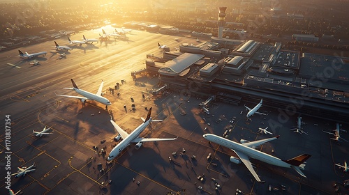 Aerial view of an airport during sunset with parked airplanes.