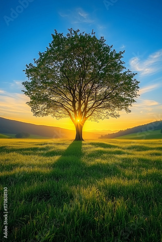 Solitary tree illuminated by sunset rays in a lush green field