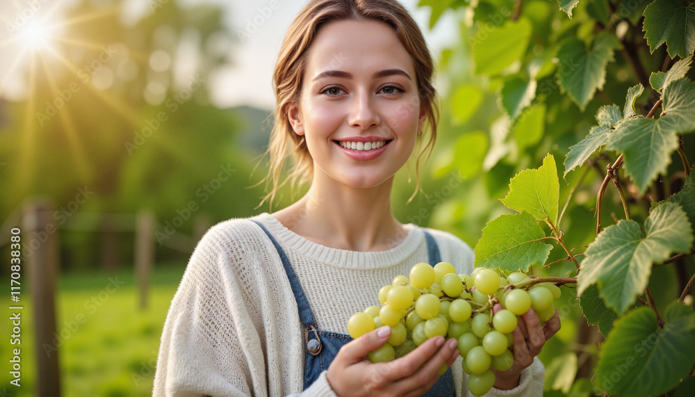 Cheerful woman holding bunch of grapes in blooming vineyard, Trifon Zarezan Cheerful woman holding bunch of grapes in blooming vineyard, Trifon Zarezan