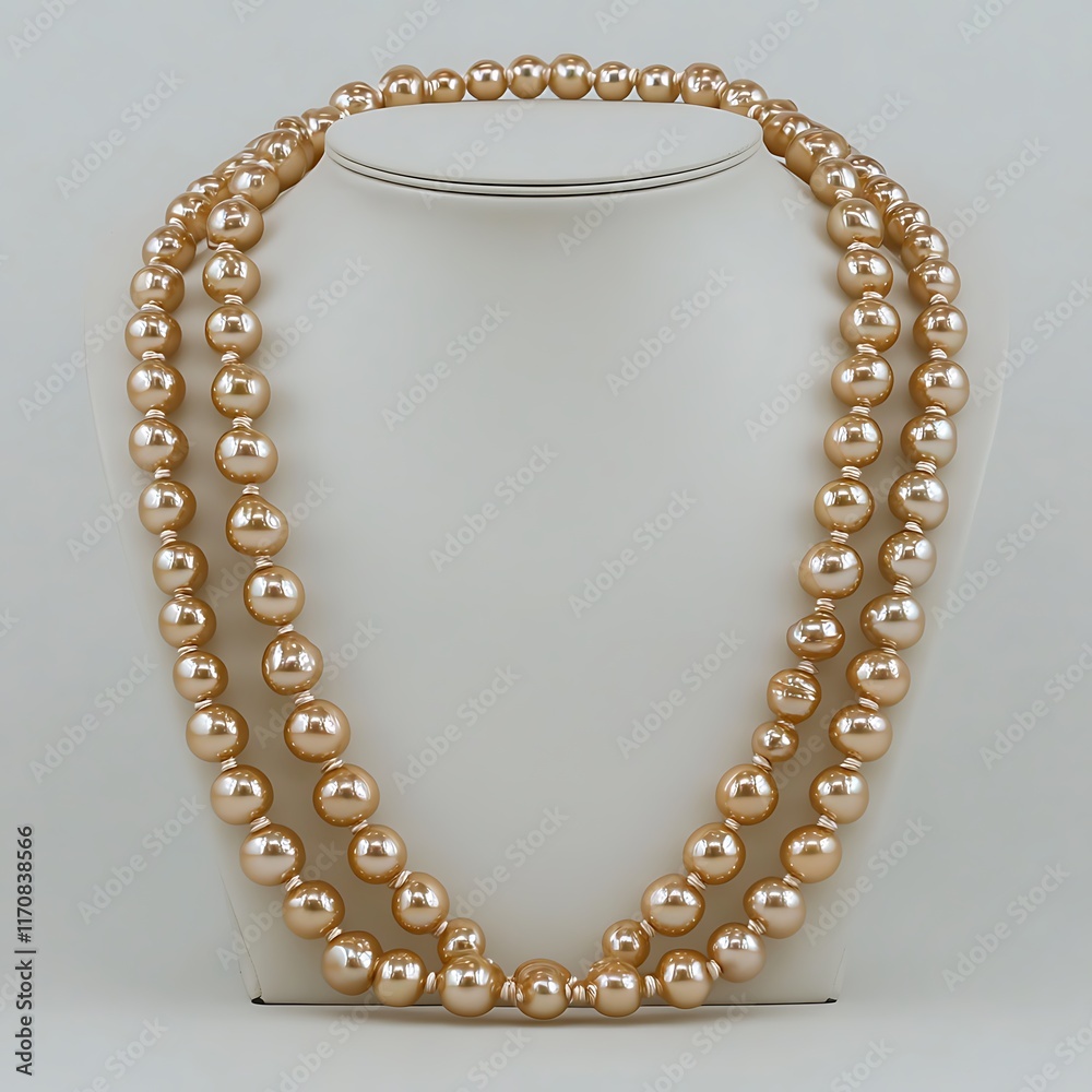 A delicate pearl necklace elegantly draped over a curved stand, perfectly centered and isolated on a clean white surface for a classic and timeless look. A delicate pearl necklace elegantly draped over a curved stand, perfectly centered and isolated on a clean white surface for a classic and timeless look.
