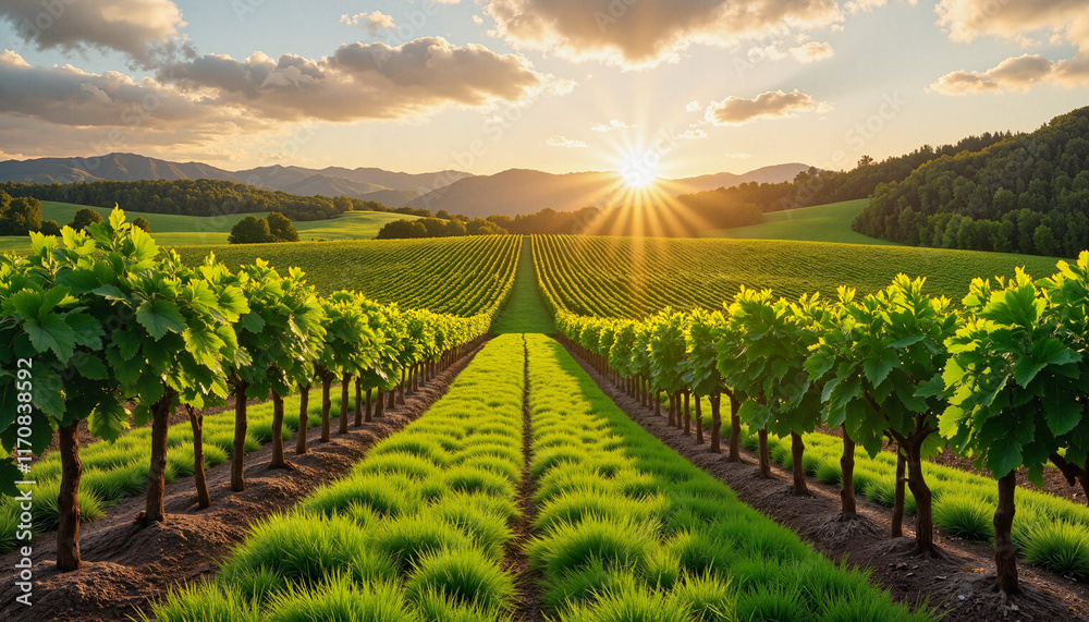 Fototapeta premium Lush vineyard rows under golden sunset, tranquility and abundance