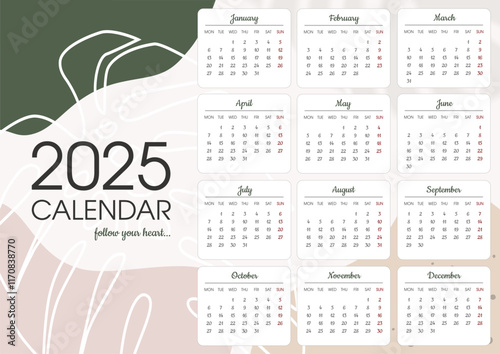 2025 calendar template with monstеra. Beige, green and rose colors. Landscape orientation. Vector illustration.