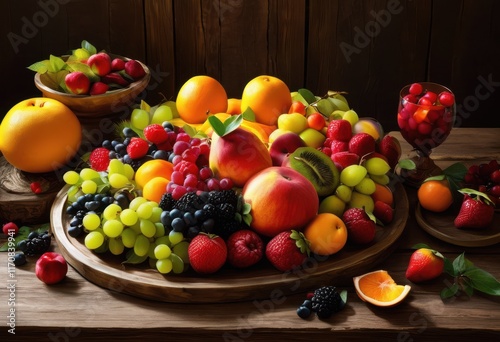 vibrant fruit platter displaying colorful seasonal fruits healthy dietary choices fresh inviting presentation, apple, bananas, berries, kiwi, citrus, grapes photo