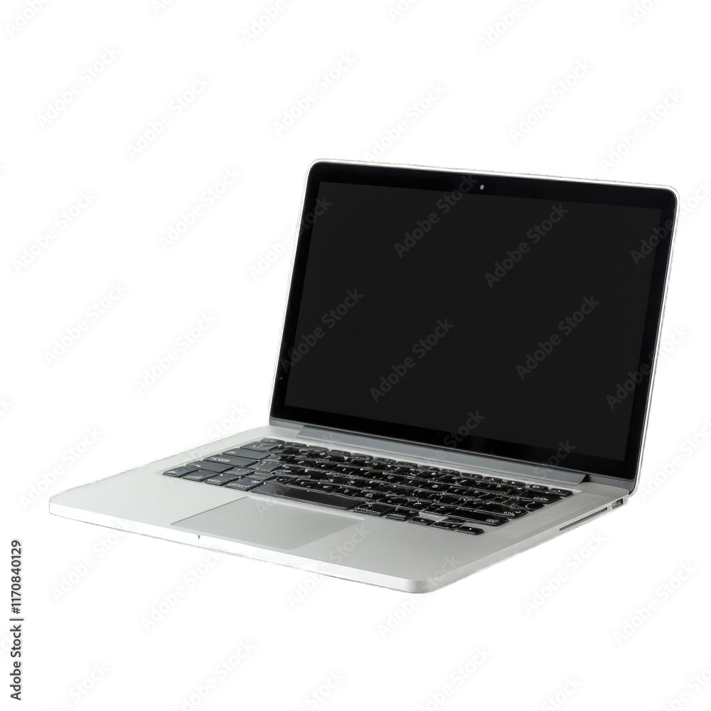 Modern silver laptop with blank screen isolated on transparent background, PNG Modern silver laptop with blank screen isolated on transparent background, PNG