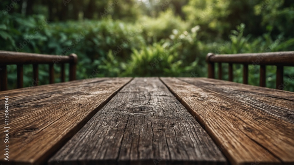 Rustic wooden table with a blurred green background of foliage and sunlight Rustic wooden table with a blurred green background of foliage and sunlight