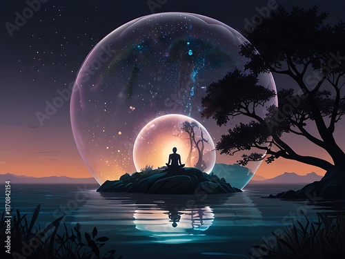  Tranquil image of a person meditating inside a glowing bubble floating over a water body. Inside the bubble, there’s a miniature sanctuary with trees, a small waterfall, and flowers