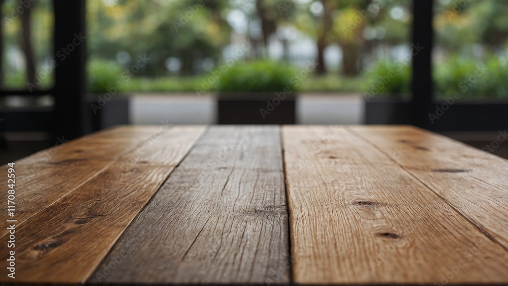 Rustic wooden table with a soft-focused outdoor garden view in the background Rustic wooden table with a soft-focused outdoor garden view in the background