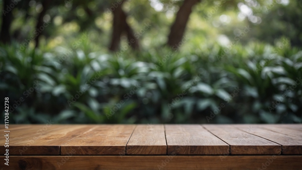 Wooden table surface with blurred greenery in the background for outdoor setting Wooden table surface with blurred greenery in the background for outdoor setting