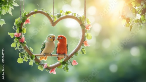 Two lovebirds perched on a heart-shaped swing, romantic nature background