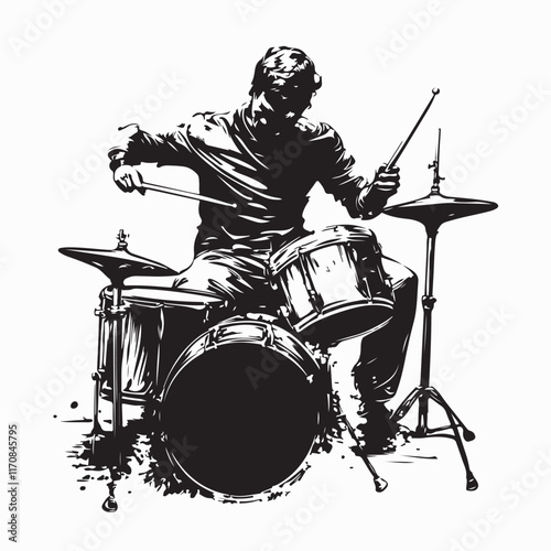 Silhouette Drummer in Action Image vector isolated on white background.