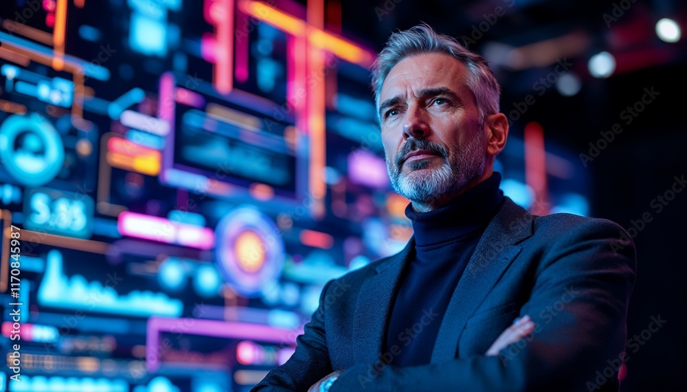 Confident Man Amidst Vibrant Digital Data Streams Confident Man Amidst Vibrant Digital Data Streams